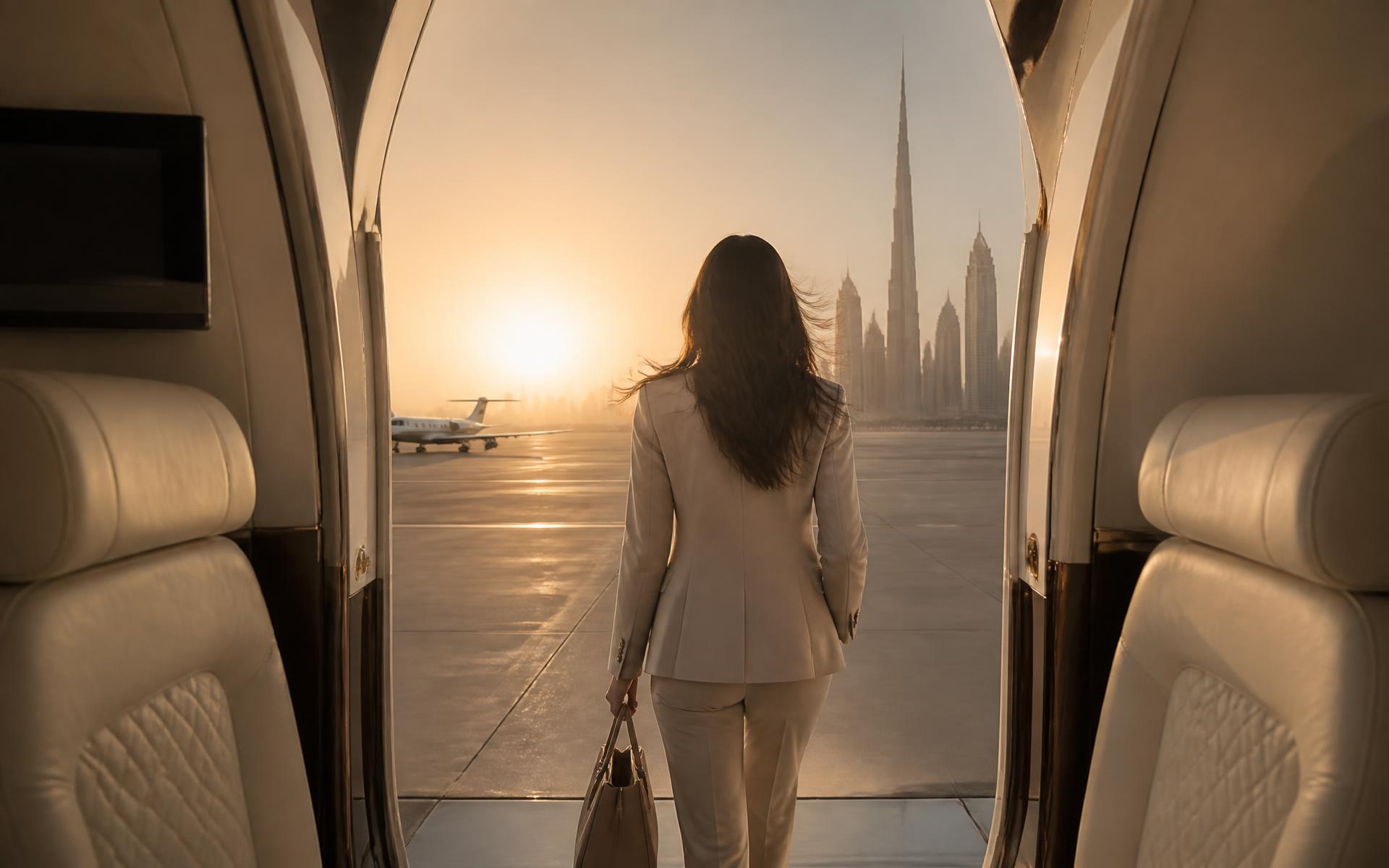 A traveller stepping from a private cabin onto a Dubai runway at dawn