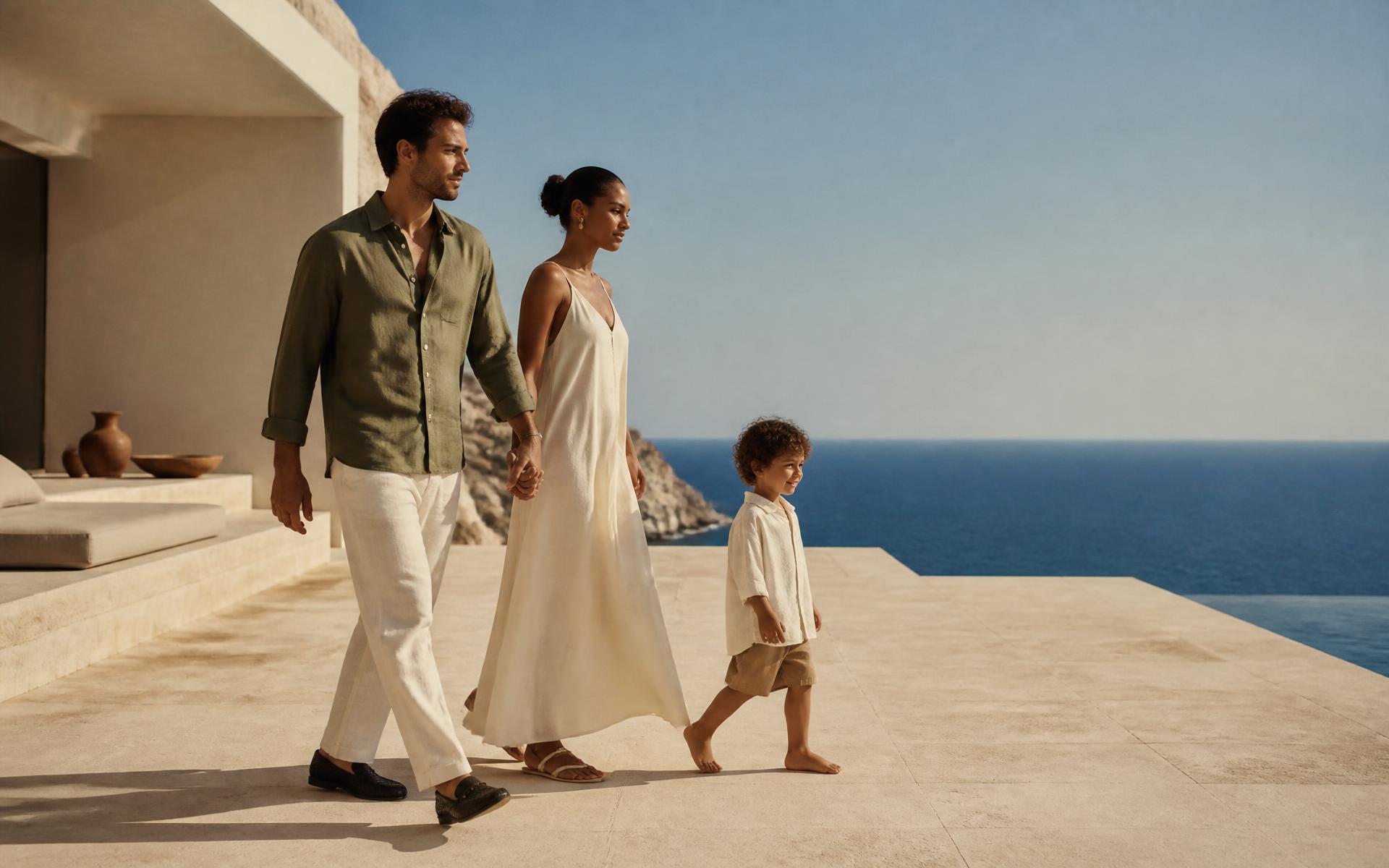 A family walking across a Mediterranean terrace of a modern villa